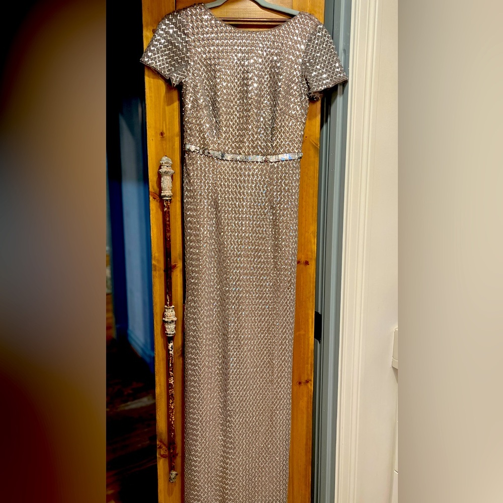 Short sleeves frame a column silhouette on this  knit gown from Adrianna Papell.